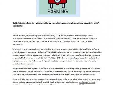 Platené parkovanie: Verejné zhromaždenie sa odkladá na január
