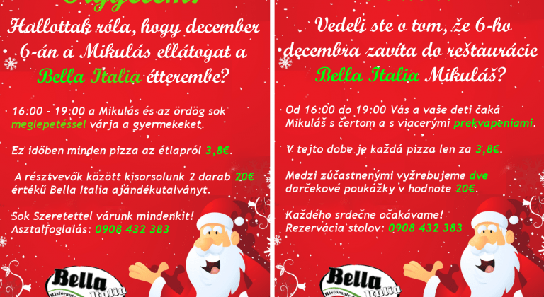 Vyhrajte Mikulášsku večeru v reštaurácii Bella Italia