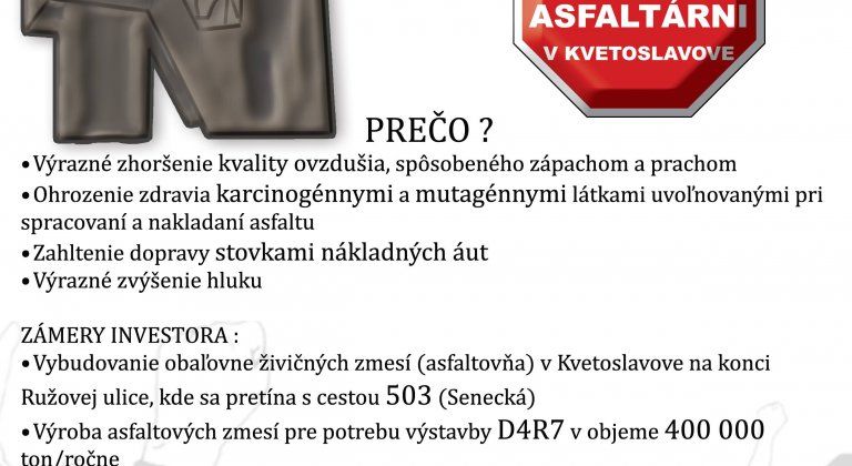 Iniciatíva Kvetoslavov pre rodiny zbiera podpisy na petíciu proti výstavbe asfaltárne