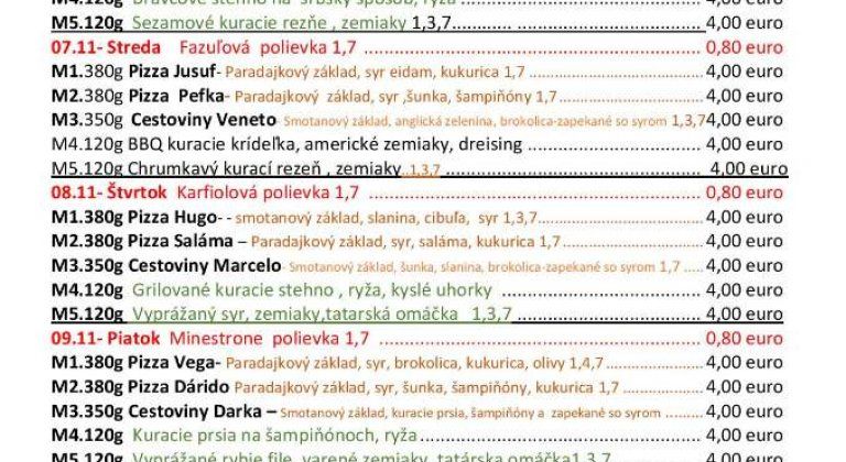A Bella Italia Pizzéria étterem ebéd menüje: november 5-től 9-ig