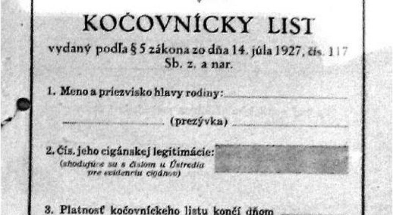 Kočovnícky list zaznamenávajúci dočasné pobyty Cigánov