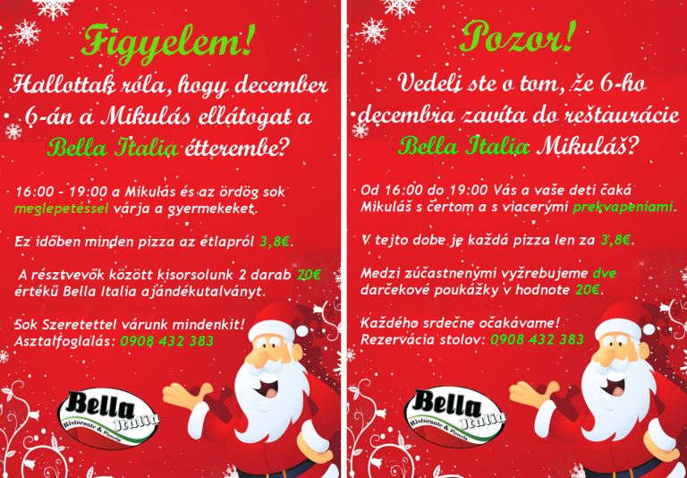 Vyhrajte Mikulášsku večeru v reštaurácii Bella Italia