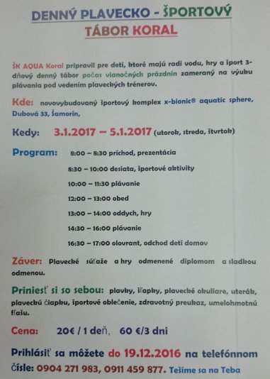 Denný plavecko - športový tábor Koral