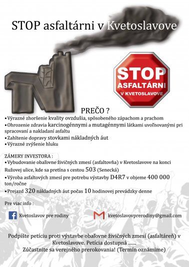 Iniciatíva Kvetoslavov pre rodiny zbiera podpisy na petíciu proti výstavbe asfaltárne