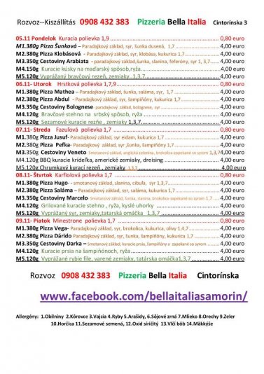 Obedové menu reštaurácie Bella Italia: 05. až 09.november