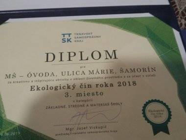 Deti zo šamorínskej MŠ získali 3. miesto v súťaži Ekologický čin roka 2018