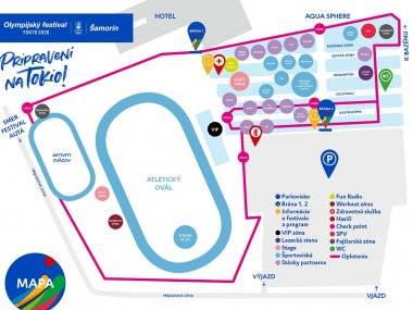 Program zajtrajšieho dňa Olympijského festivalu, mapa areálu