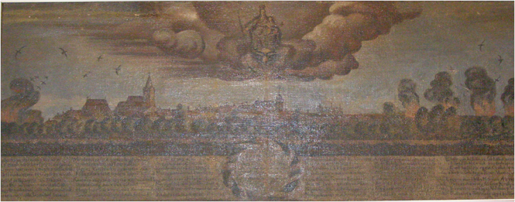 7. časť - najstaršie vyobrazenie Šamorína. Panoramatický obraz horiaceho mesta. podpáleného Turkami.(1)