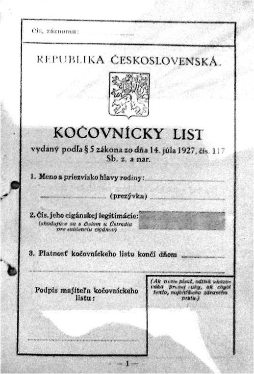 Kočovnícky list zaznamenávajúci dočasné pobyty Cigánov